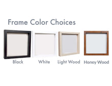 Load image into Gallery viewer, Frame color choices are black, white, light wood, and a darker honey wood.