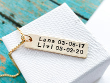 Load image into Gallery viewer, Men's Personalized Gold Name Bar Necklace, Kid's names dates - Everything Beautiful Jewelry