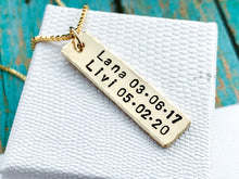 Load image into Gallery viewer, Men's Personalized Gold Name Bar Necklace, Kid's names dates - Everything Beautiful Jewelry