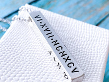 Load image into Gallery viewer, Solid Sterling Silver Bar Necklace, Custom Date Roman Numerals - Everything Beautiful Jewelry