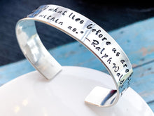 Load image into Gallery viewer, Ralf Waldo Emerson quote bracelet, What lies behind us, Sterling silver - Everything Beautiful Jewelry