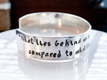 Load image into Gallery viewer, Ralf Waldo Emerson quote bracelet, What lies behind us, Sterling silver - Everything Beautiful Jewelry