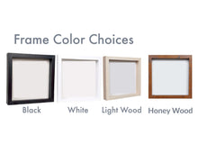 Load image into Gallery viewer, Frame color choices are black, white, light wood, and a darker honey wood.
