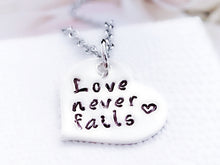 Load image into Gallery viewer, Love Never Fails Necklace, Sterling Silver Heart, Scripture - Everything Beautiful Jewelry
