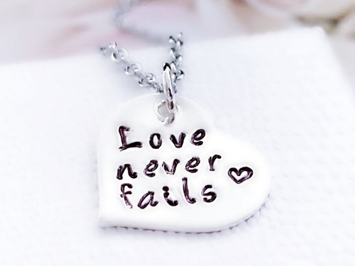 Love Never Fails Necklace, Sterling Silver Heart, Scripture - Everything Beautiful Jewelry