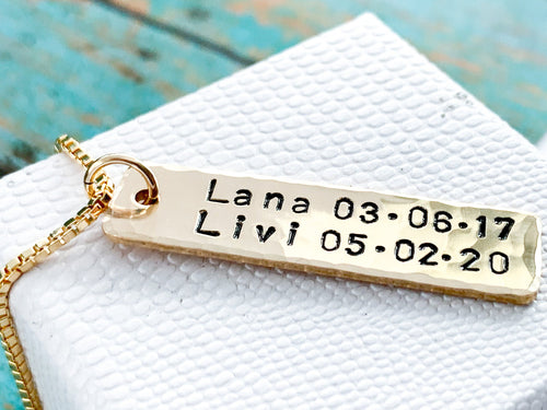 Men's Personalized Gold Name Bar Necklace, Kid's names dates - Everything Beautiful Jewelry
