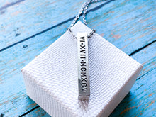 Load image into Gallery viewer, Solid Sterling Silver Bar Necklace, Custom Date Roman Numerals - Everything Beautiful Jewelry
