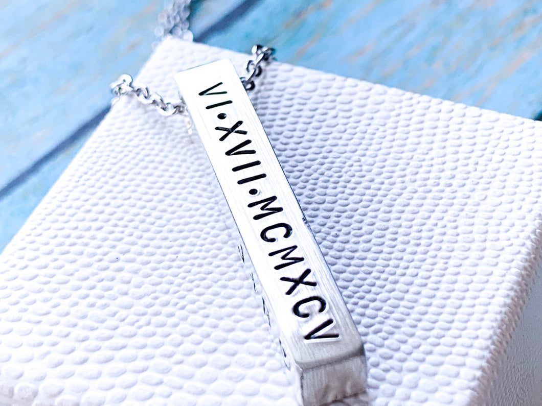 Solid Sterling Silver Bar Necklace, Custom Date Roman Numerals - Everything Beautiful Jewelry