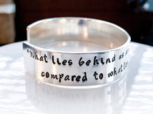 Load image into Gallery viewer, Ralf Waldo Emerson quote bracelet, What lies behind us, Sterling silver - Everything Beautiful Jewelry
